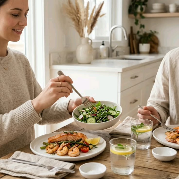 Stylized balanced meal plate with soft pink tones